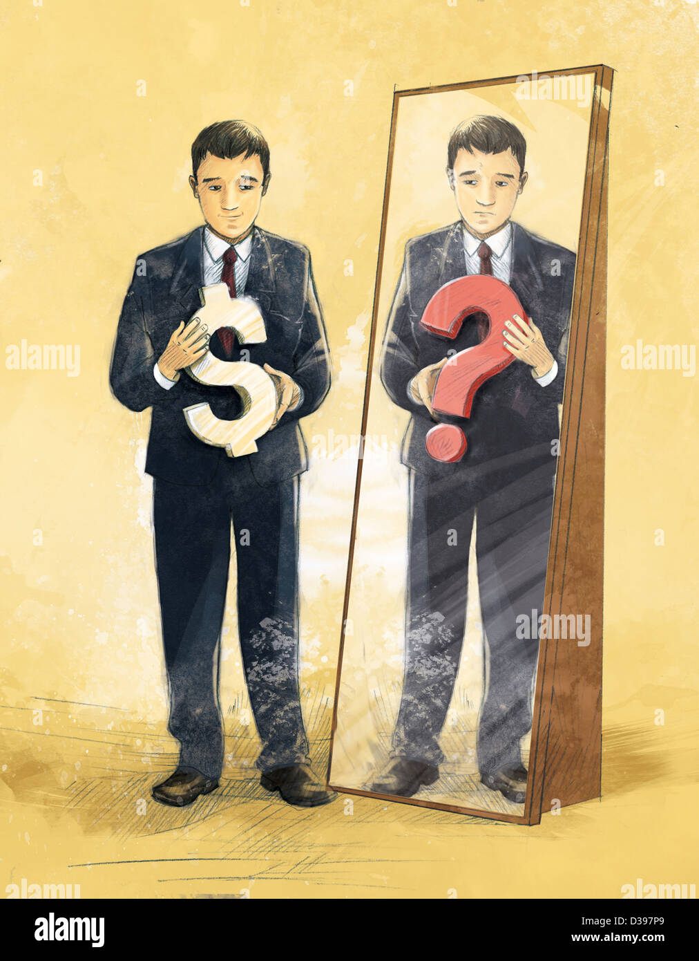 Geschäftsmann mit Dollar beim Spiegel Fragezeichen Darstellung Verwirrung Stockfoto