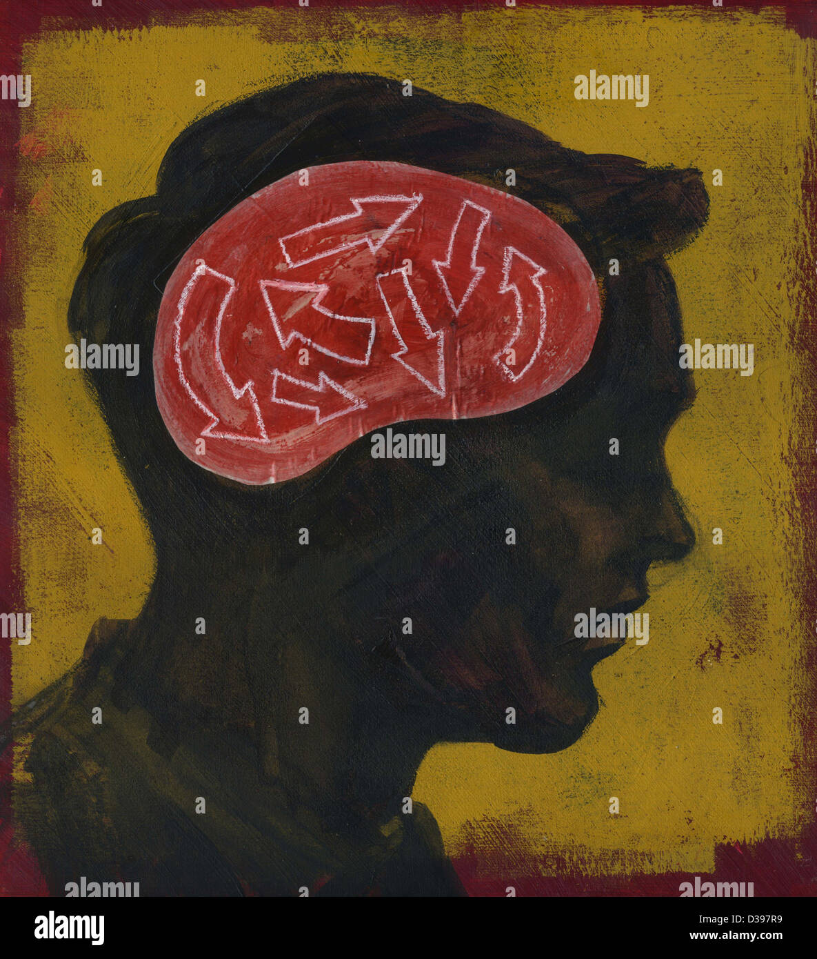 Nahaufnahme des menschlichen Gehirns mit Pfeil-Zeichen Darstellung Verwirrung Stockfoto