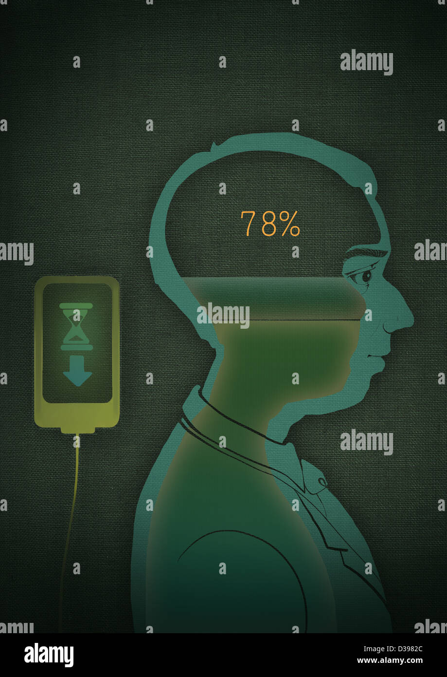 Seitenansicht eines Mannes mit Daten, die im Gehirn durch mobile Applikation hochgeladen werden Stockfoto