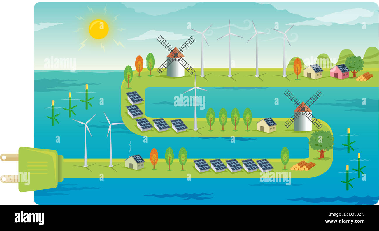 Windparks auf elektrische Stecker zeigt das Konzept der Unterhaltung der natürlichen Ressourcen Stockfoto