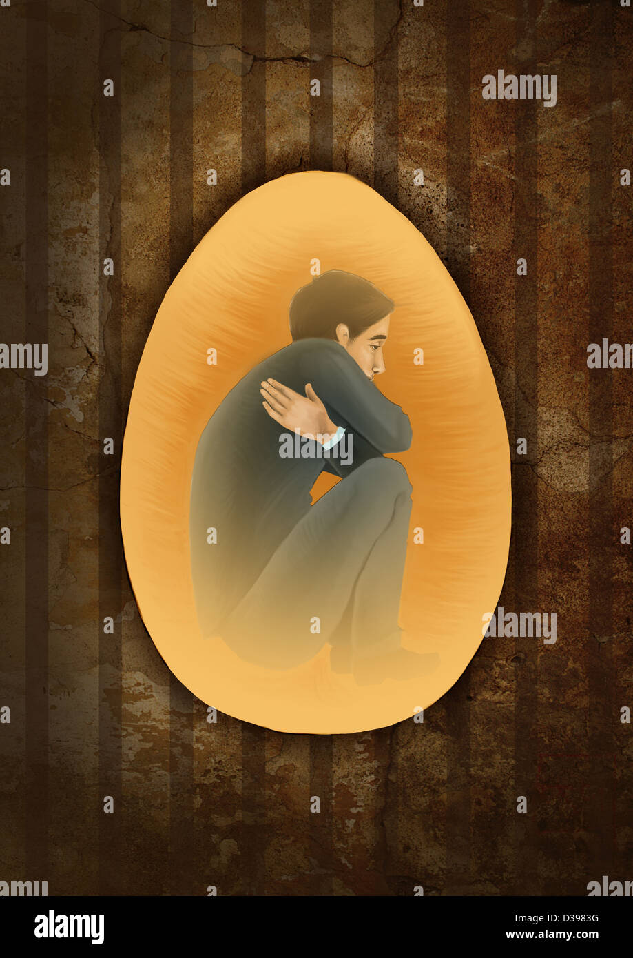 Seitenansicht eines Mannes hockend in Ei, das Konzept der Gefangenen des Geistes darstellen Stockfoto