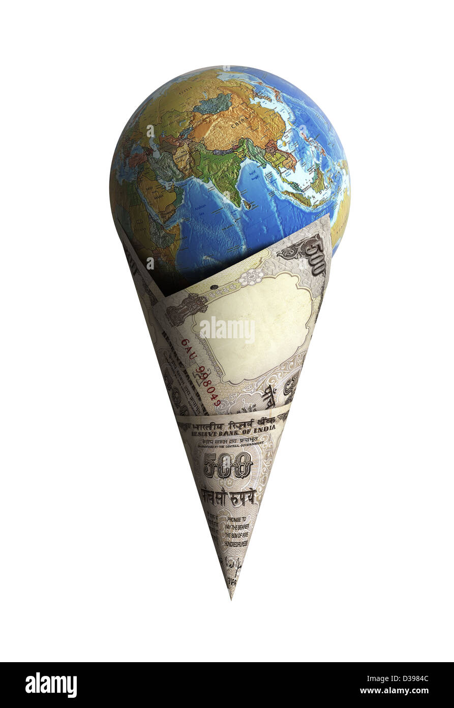Globus auf indische Banknote isoliert auf weißem Hintergrund Stockfoto