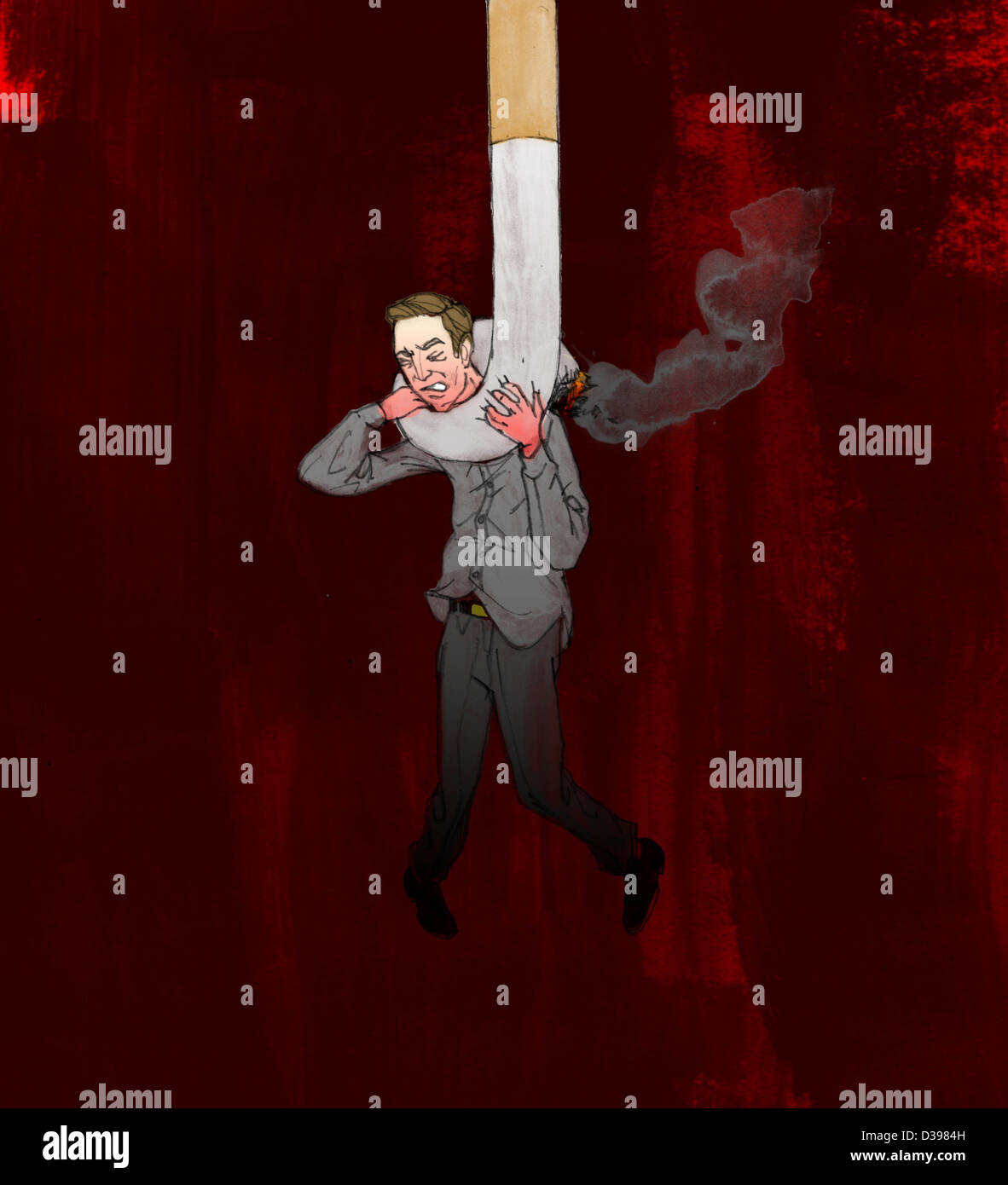 Mann gefangen von Zigarette zeigt das Konzept der Rauchen kann tödlich sein Stockfoto