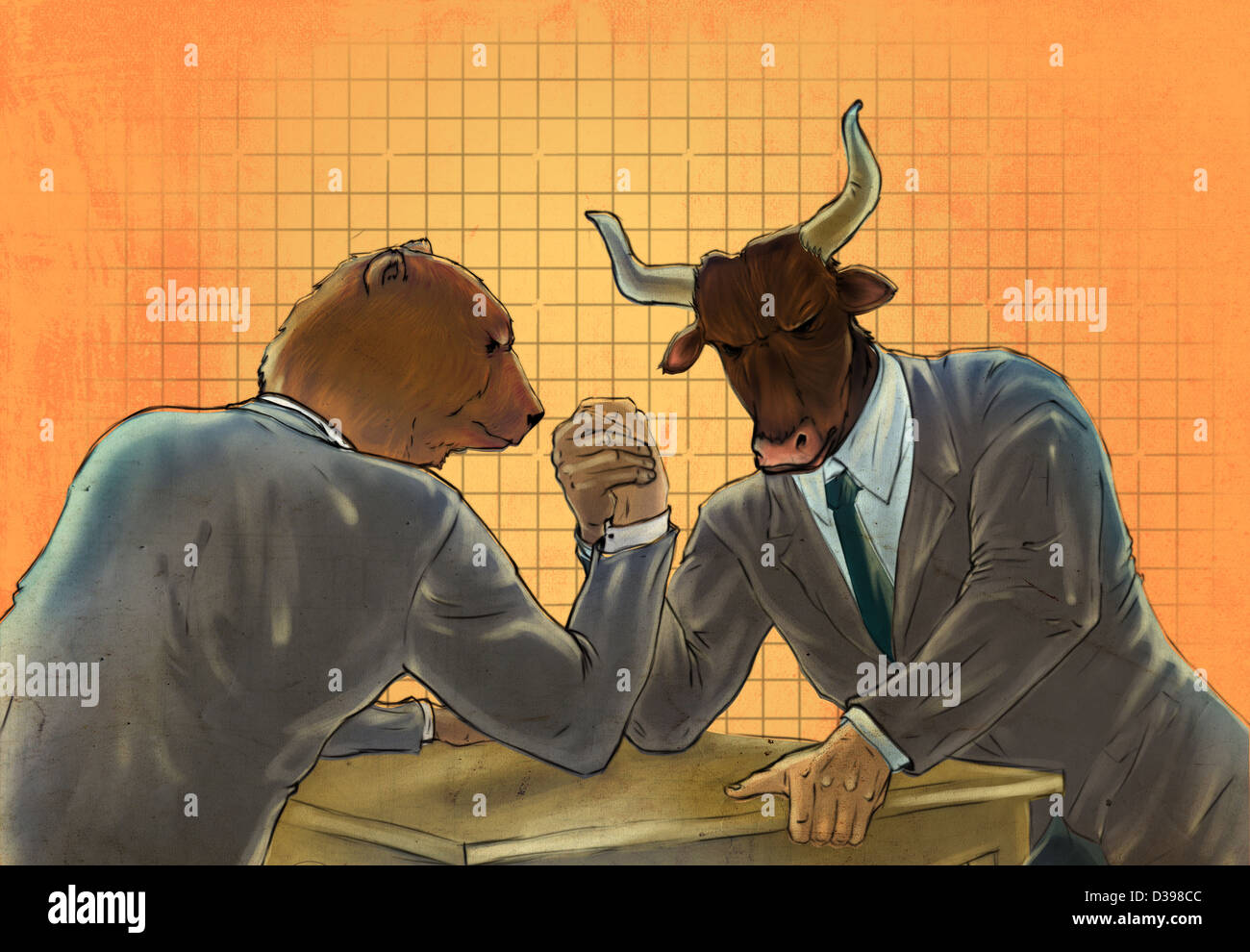 Anthropomorphen Bären und Bullen Armdrücken, stellvertretend für das Konzept der Bär vs. Bullenmarkt Stockfoto