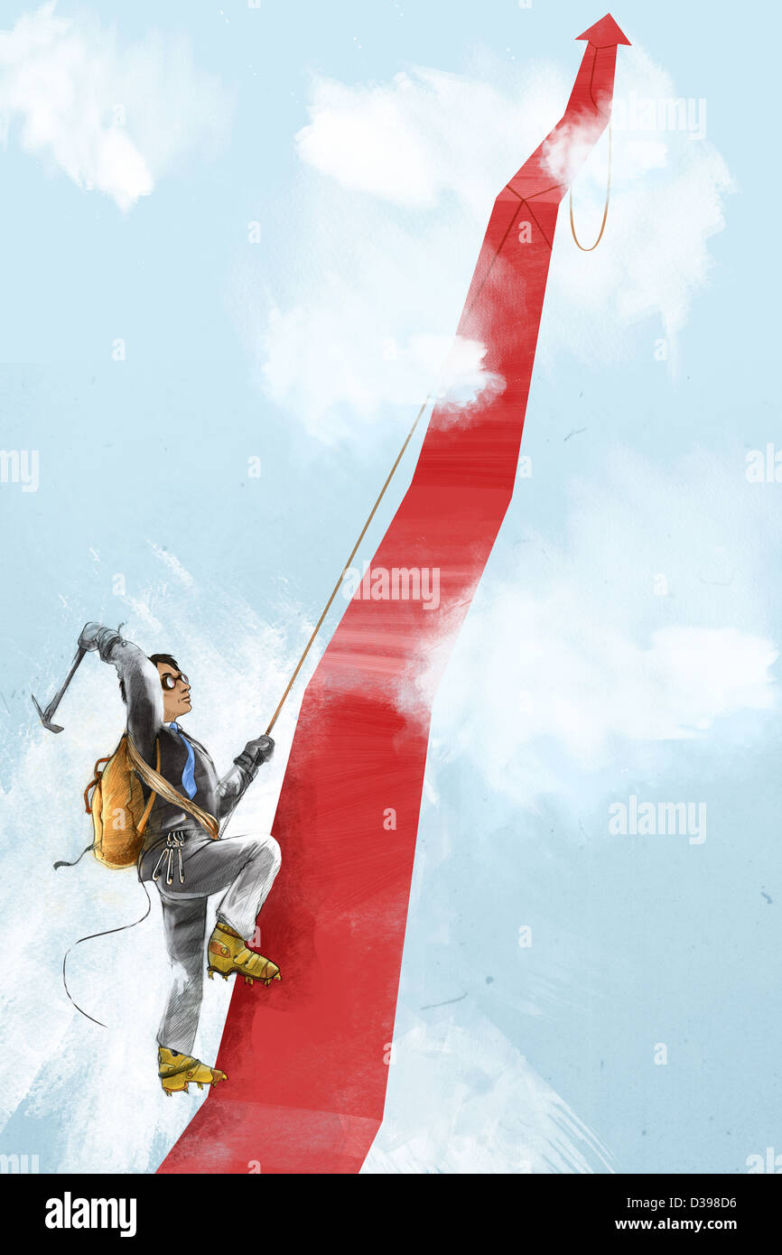 Mann Klettern roten Pfeil in Wolken zeigt das Konzept der aspiration Stockfoto