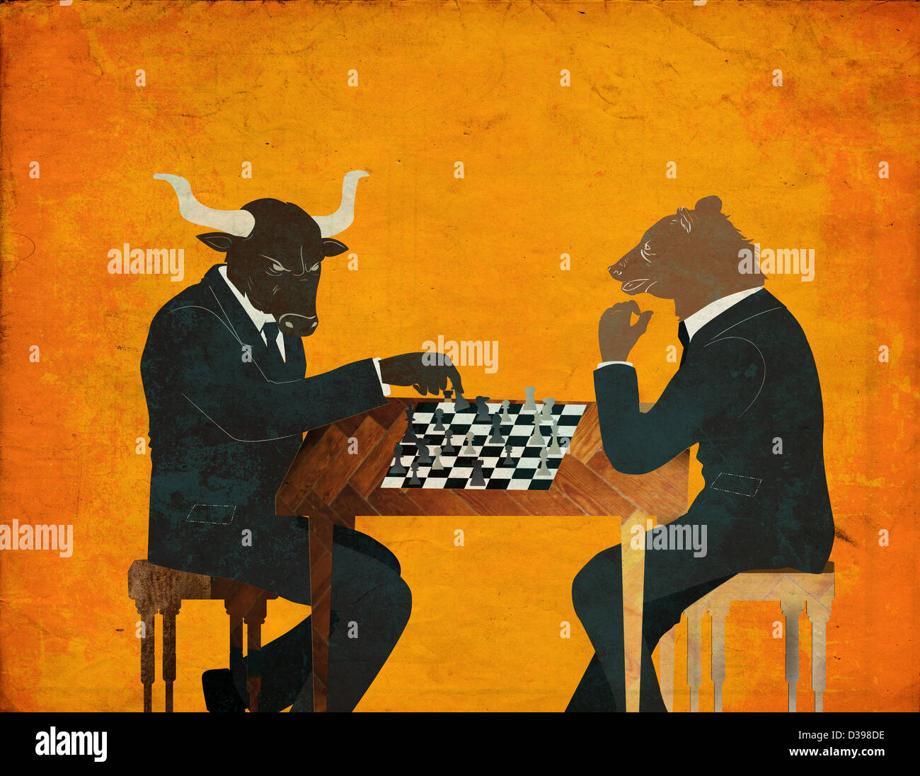 Anthropomorphen Bären und Bullen spielen Schachspiel stellvertretend für das Konzept der Bär vs. Bullenmarkt Stockfoto