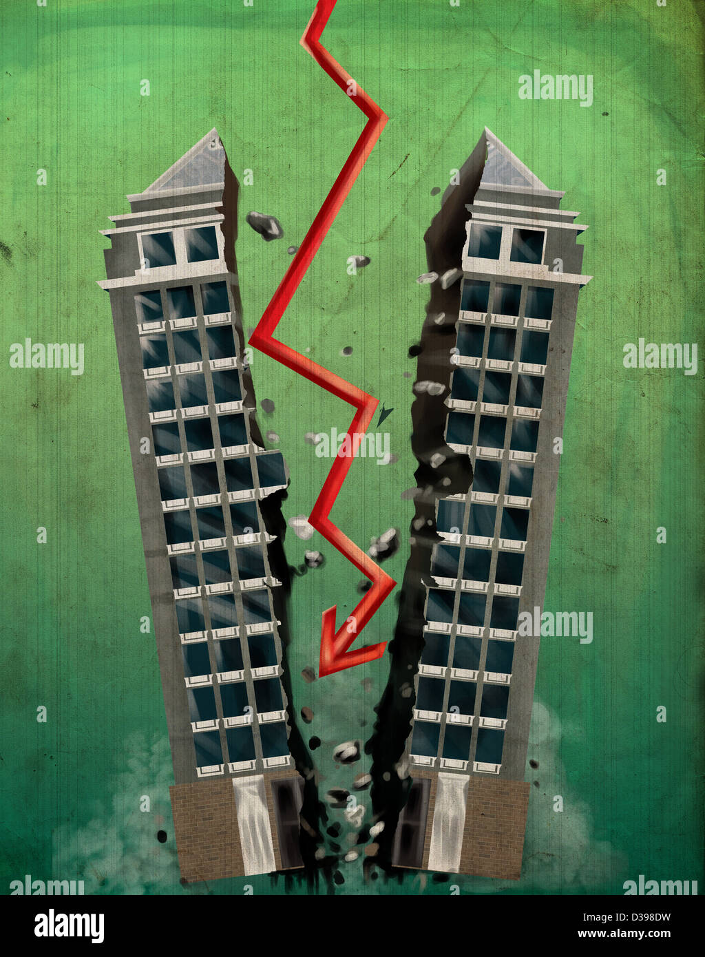 Pfeilzeichen brechen Bürogebäude in zwei stellvertretend für das Konzept des Konkurses Stockfoto