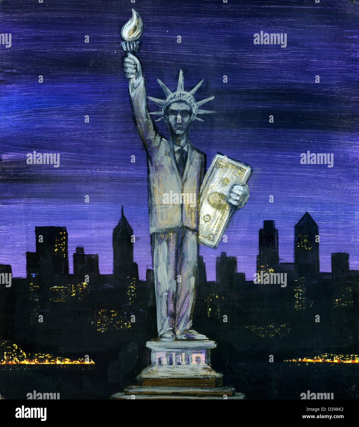 Menschliche Darstellung hält uns Geldschein mit Stadt im Hintergrund zeigt das Konzept der Finanzdistrikt Stockfoto