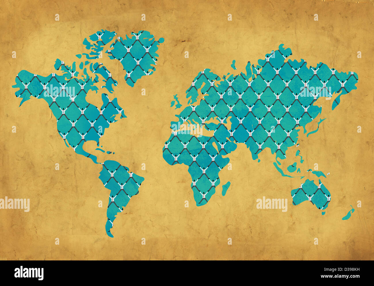 Anschauliches Bild des Rasters auf Weltkarte zeigt das Konzept der globalen Business-networking Stockfoto