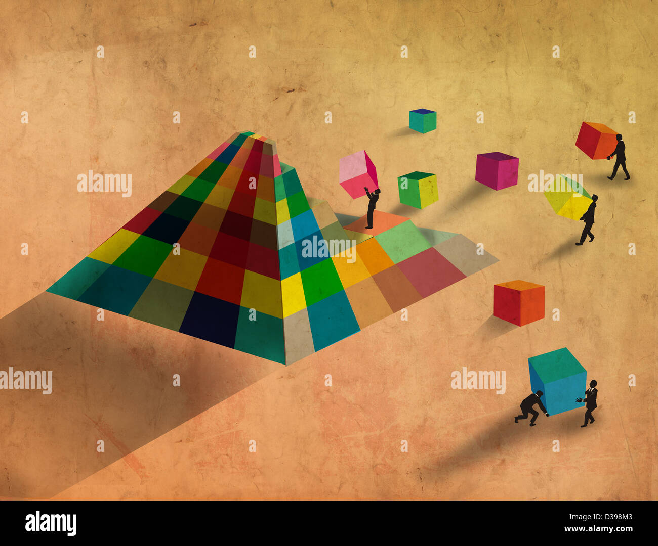 Bau der Pyramide mit bunten Blöcke repräsentieren Teamarbeit Geschäftsleute Stockfoto