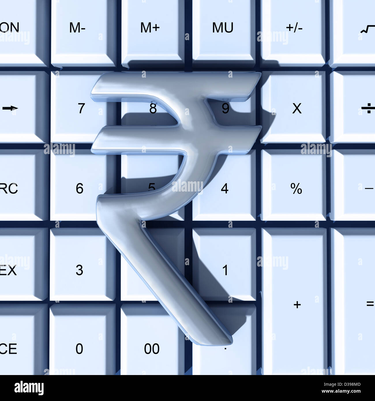 Indische Rupie-Symbol über Rechner darstellt, Wirtschaftsprüfung Stockfoto