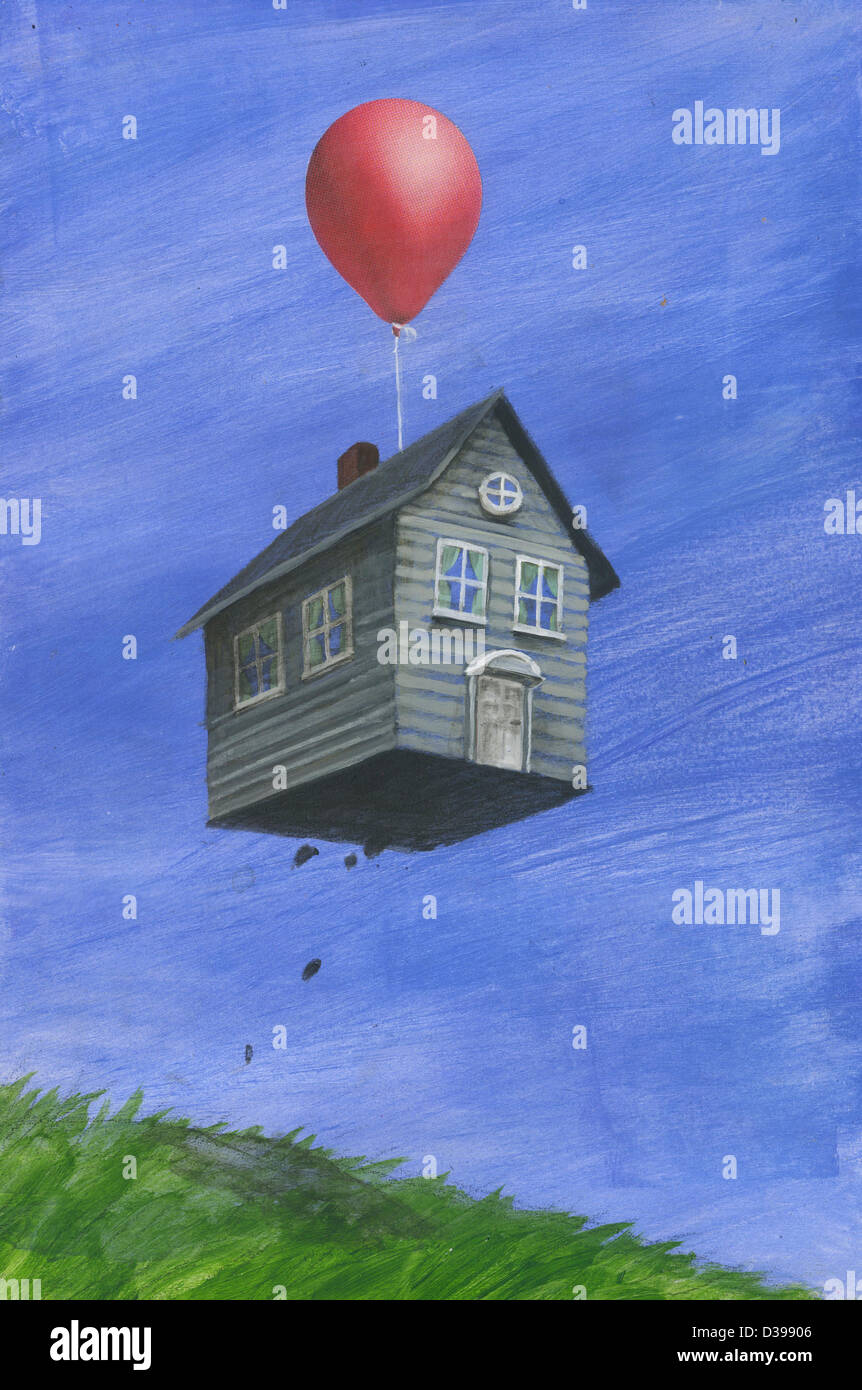 Anschauliches Bild des Hauses vertritt Hausratversicherung Ballon in die Luft gehoben wird Stockfoto