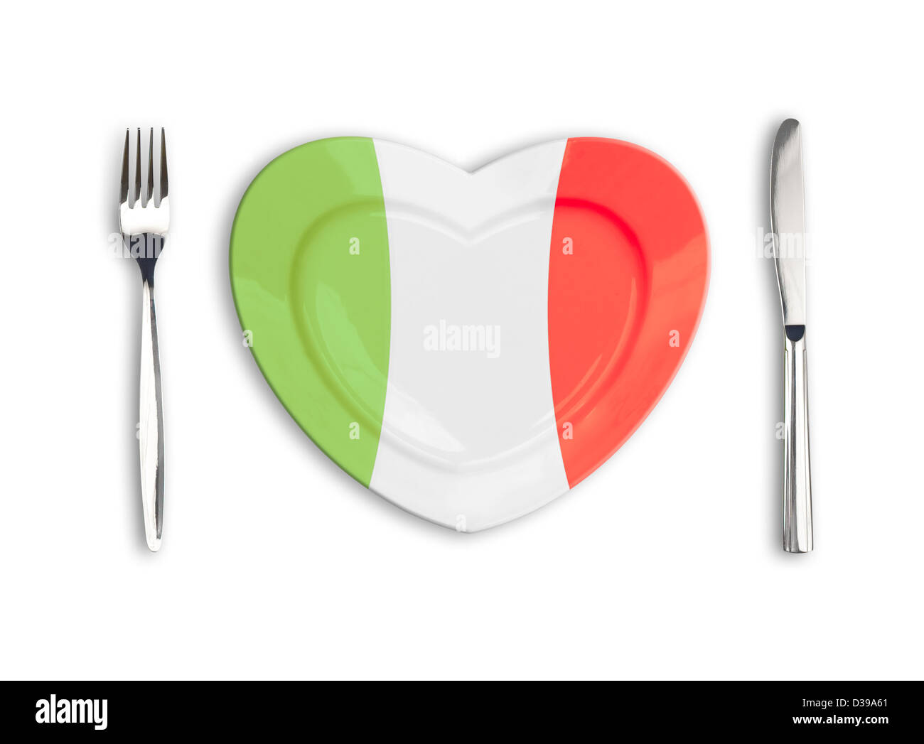 Herz Teller mit Gabel und Messer, die isoliert in italienischen Nationalfarben gefärbt Stockfoto