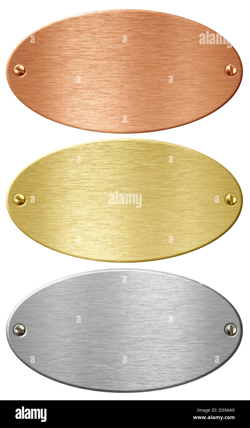 Silber, Gold und Bronze Ellipse Metallplatten isoliert mit Beschneidungspfad enthalten Stockfoto
