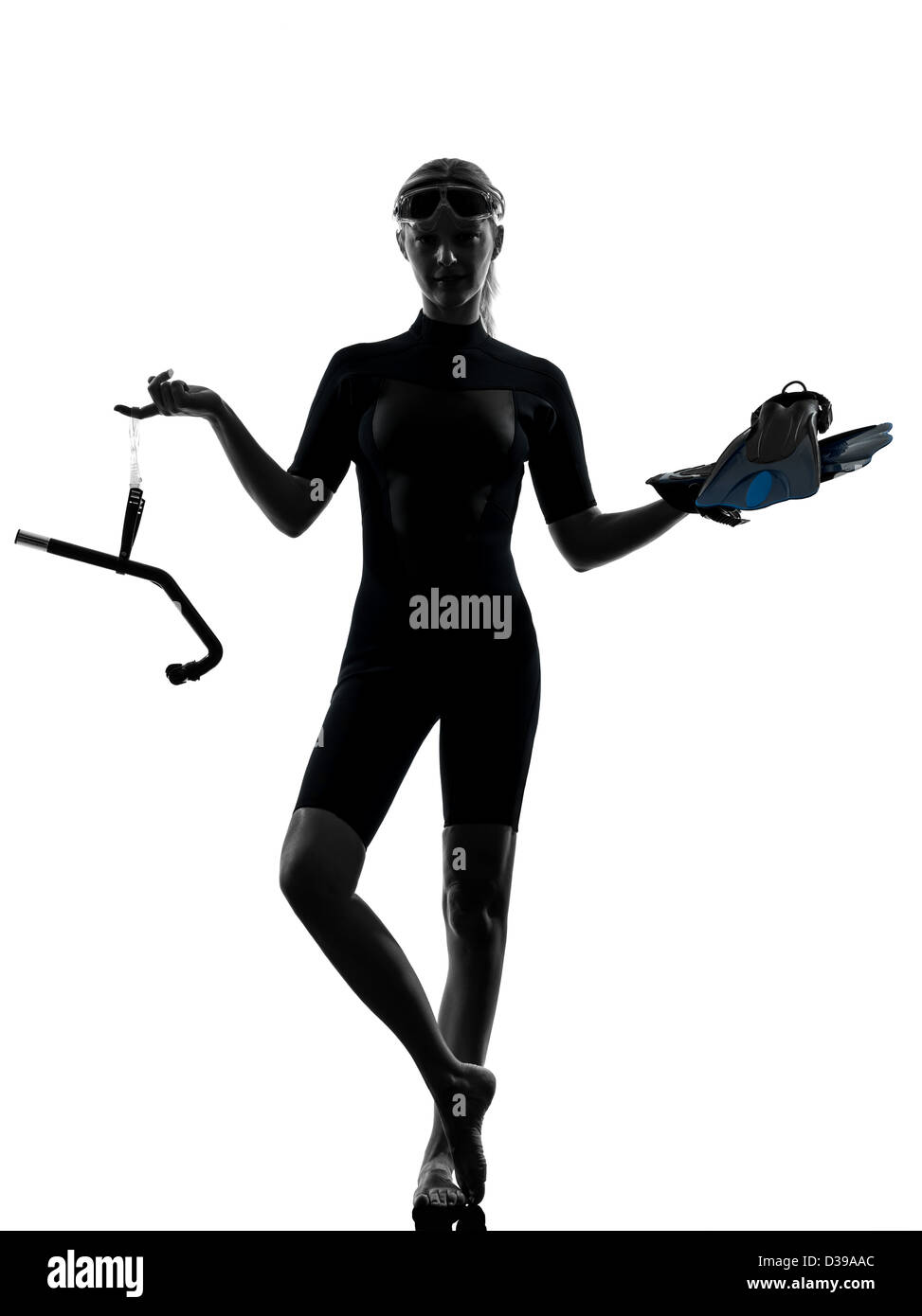 eine Frau Schnorchler Schwimmer im Silhouette Studio isoliert auf weißem Hintergrund Stockfoto