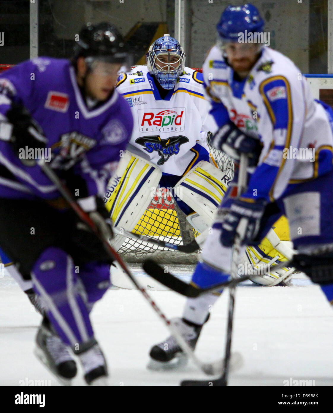 Glasgow, Schottland. 13. Februar 2013. Elite Ice Hockey League Braehead Clan V Hull Stingrays Braehead Arena.  Clan-Sieg 4-1. Bildnachweis: ALAN OLIVER / Alamy Live News Stockfoto