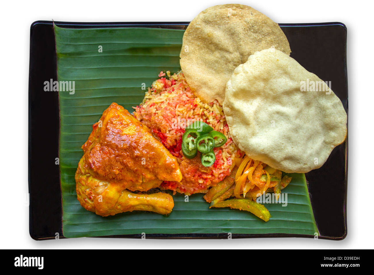Indische traditionelle Speisen serviert Briyani Rice auf Bananenblatt Stockfoto