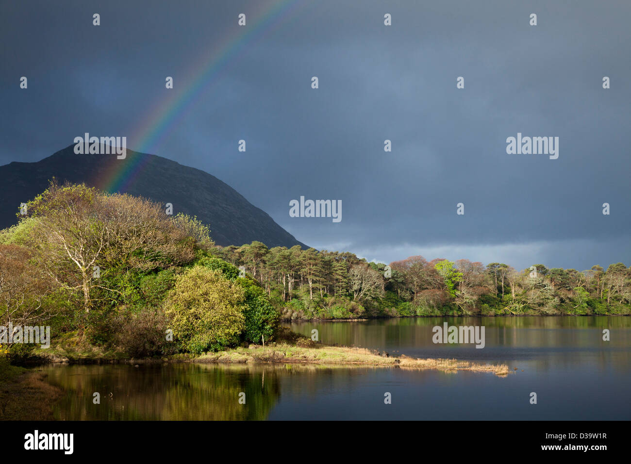 Regenbogen über Kylemore Lough, mit den Twelve Bens Berge dahinter. Connemara, County Galway, Irland. Stockfoto