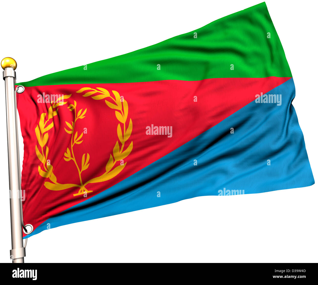 Eritrea Flagge auf eine Fahnenstange. Clipping-Pfad enthalten. Sichtbar auf die Flagge 100 % Seide Textur. Stockfoto