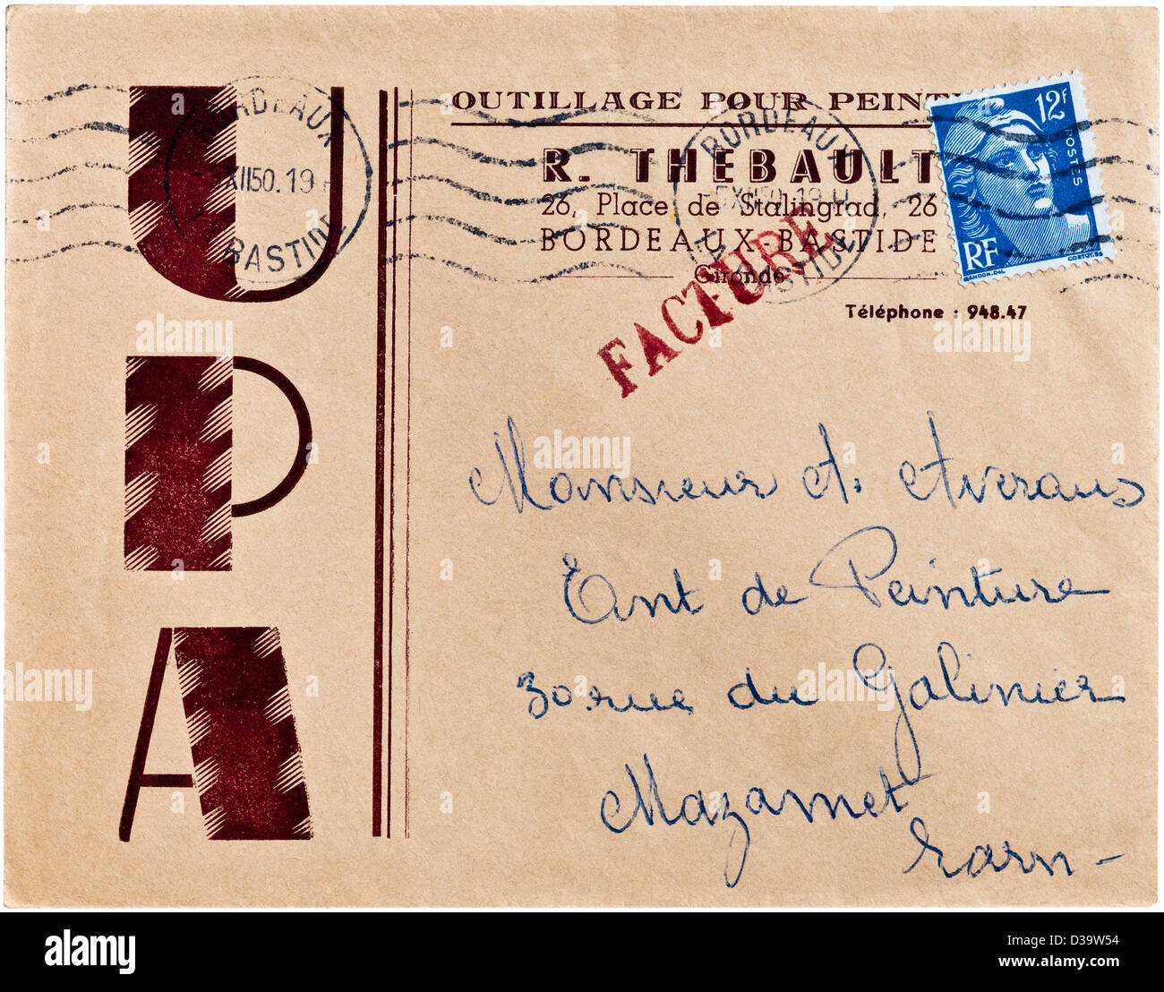 1950 Französisch Brief mit Firmenlogo Werbung. Stockfoto