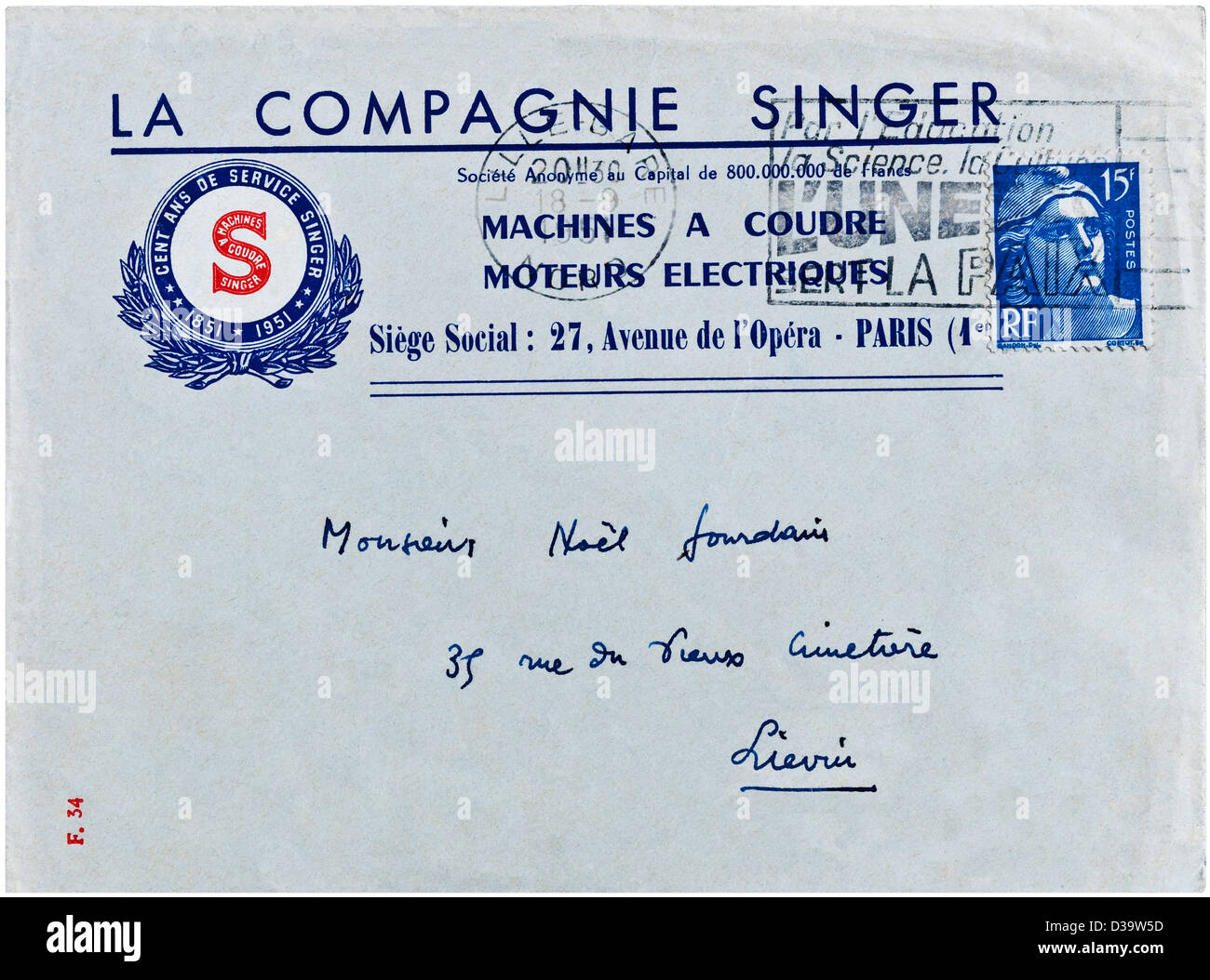 1951 Französisch Brief mit 100-Jahr-Jubiläum Singer Nähmaschinen Werbelogo. Stockfoto