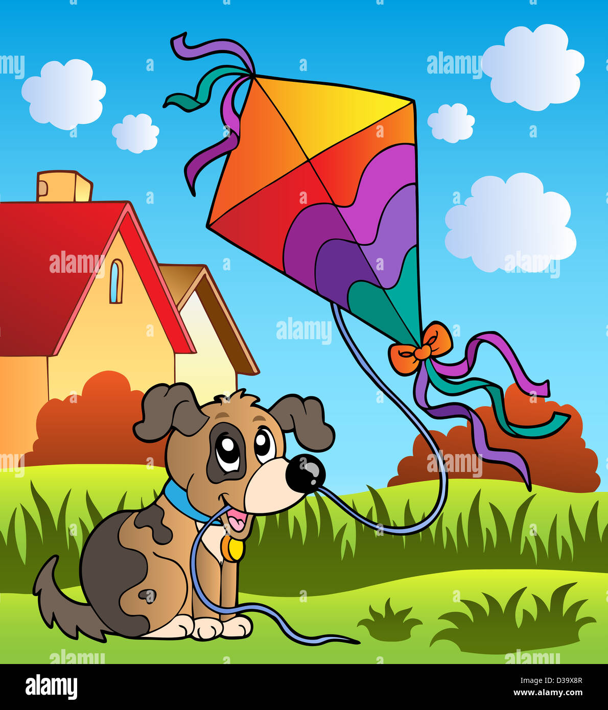 Herbst-Szene mit Hund und Kite - farbigen Illustration. Stockfoto