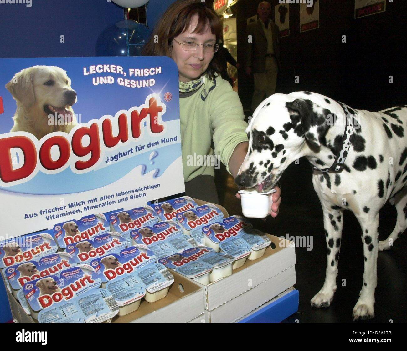 Dpa) - Warum werden Haustiere vermissen was ihre Besitzer genießen? Susanne  Wagner füttert ihr Dalmatiner mit "Dogurt", das ist Joghurt für Hunde auf  dem Haustier Messe "Interzoo" in Nürnberg, 10. Mai 2002 Stockfotografie -  Alamy
