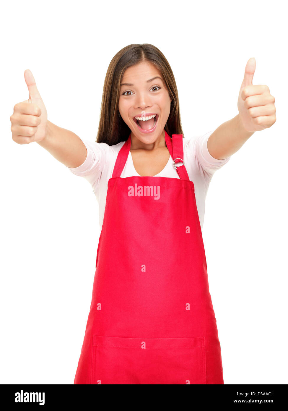 Porträt von glücklich Kleinunternehmer in rote Schürze zeigen, Daumen nach oben Erfolg Zeichen isoliert auf weißem Hintergrund Stockfoto