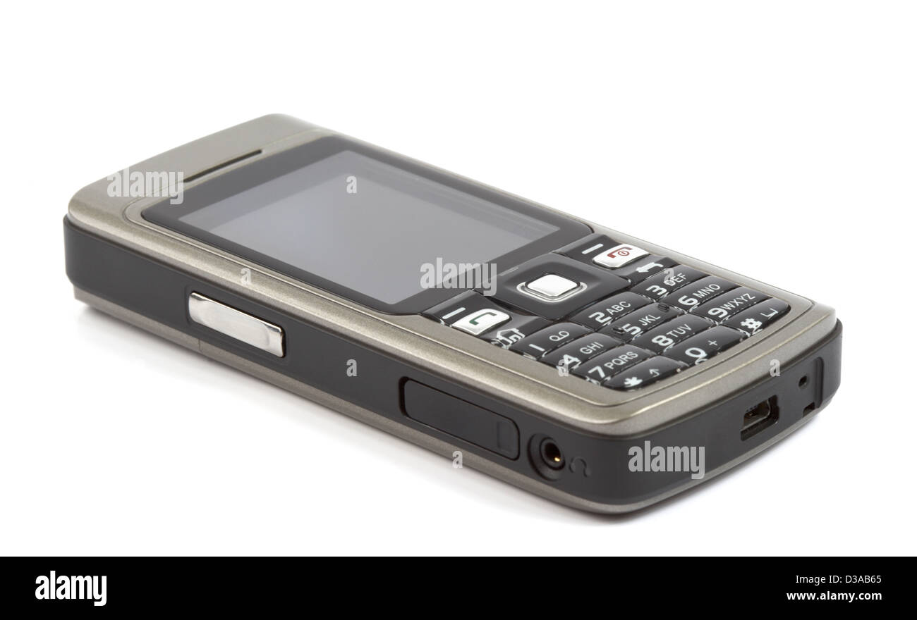 Modernes Mobiltelefon mit externen Speicher-Slot und WiFi, isoliert auf weiss Stockfoto