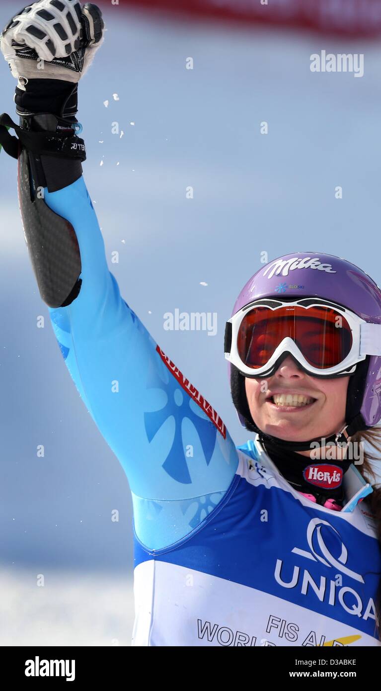 Tina Maze Slovenja feiert während des zweiten Laufs der Riesenslalom der Damen bei den alpinen Ski-WM in Schladming, Österreich, 14. Februar 2013. Foto: Karl-Josef Hildenbrand/dpa Stockfoto