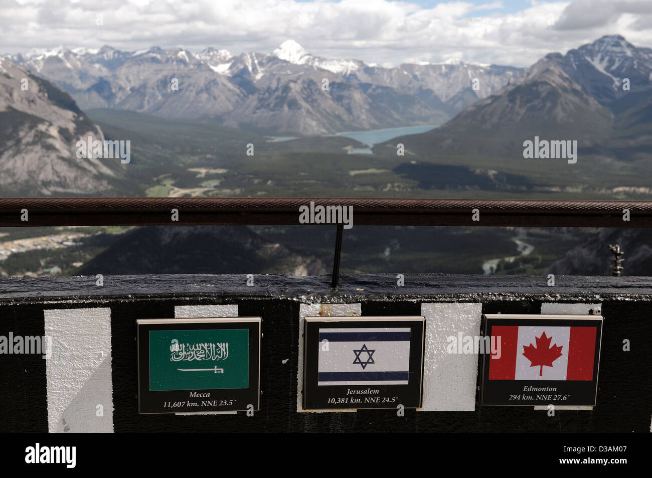 Zeichen, die Entfernung nach Mekka Jerusalem vom Sulphur Mountain Banff Nationalpark Tourismus Tourist Punkt von Interesse Stockfoto