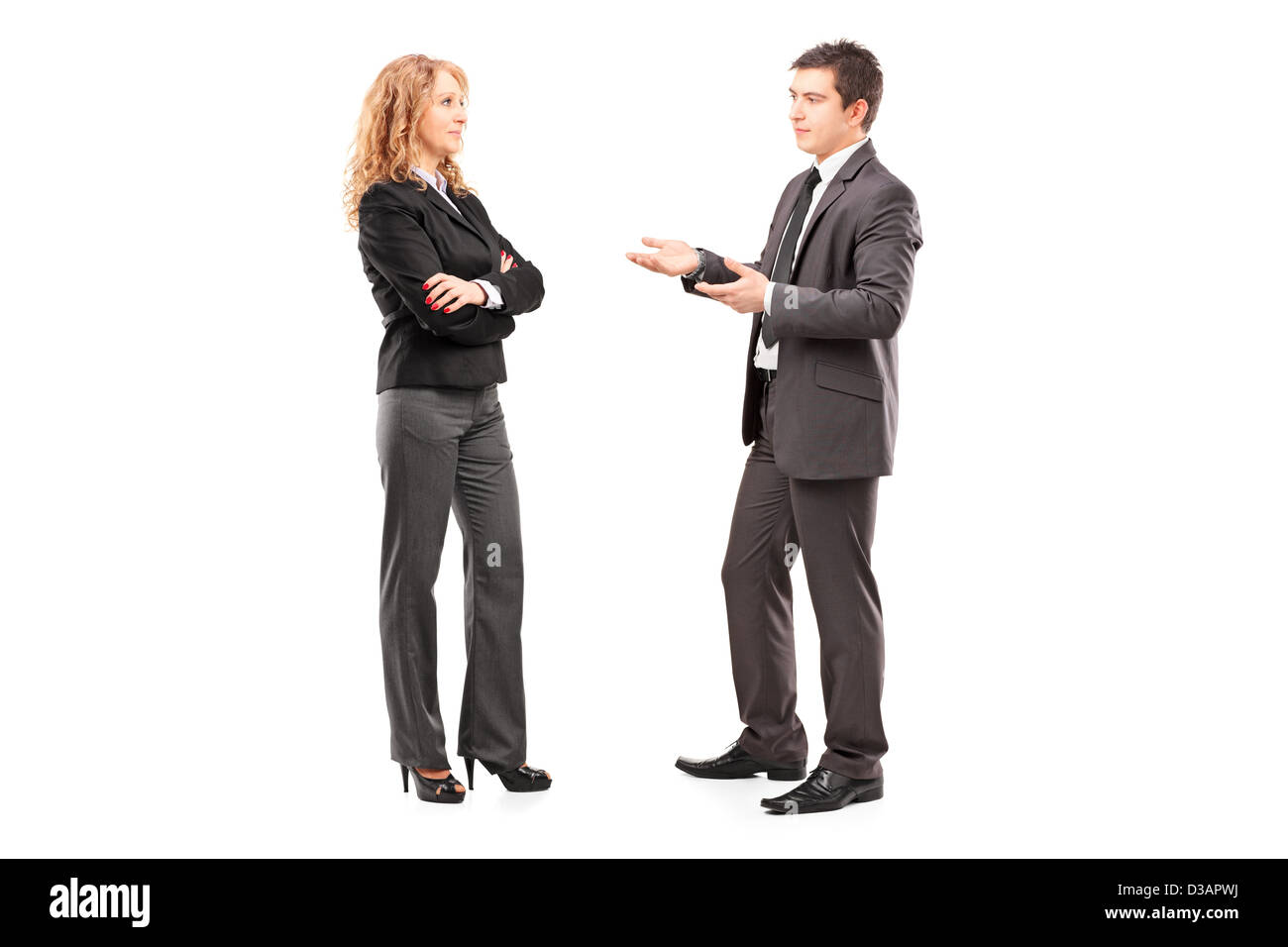 In voller Länge Portrait von einer professionellen männlichen und weiblichen ein Gespräch isoliert auf weißem Hintergrund Stockfoto