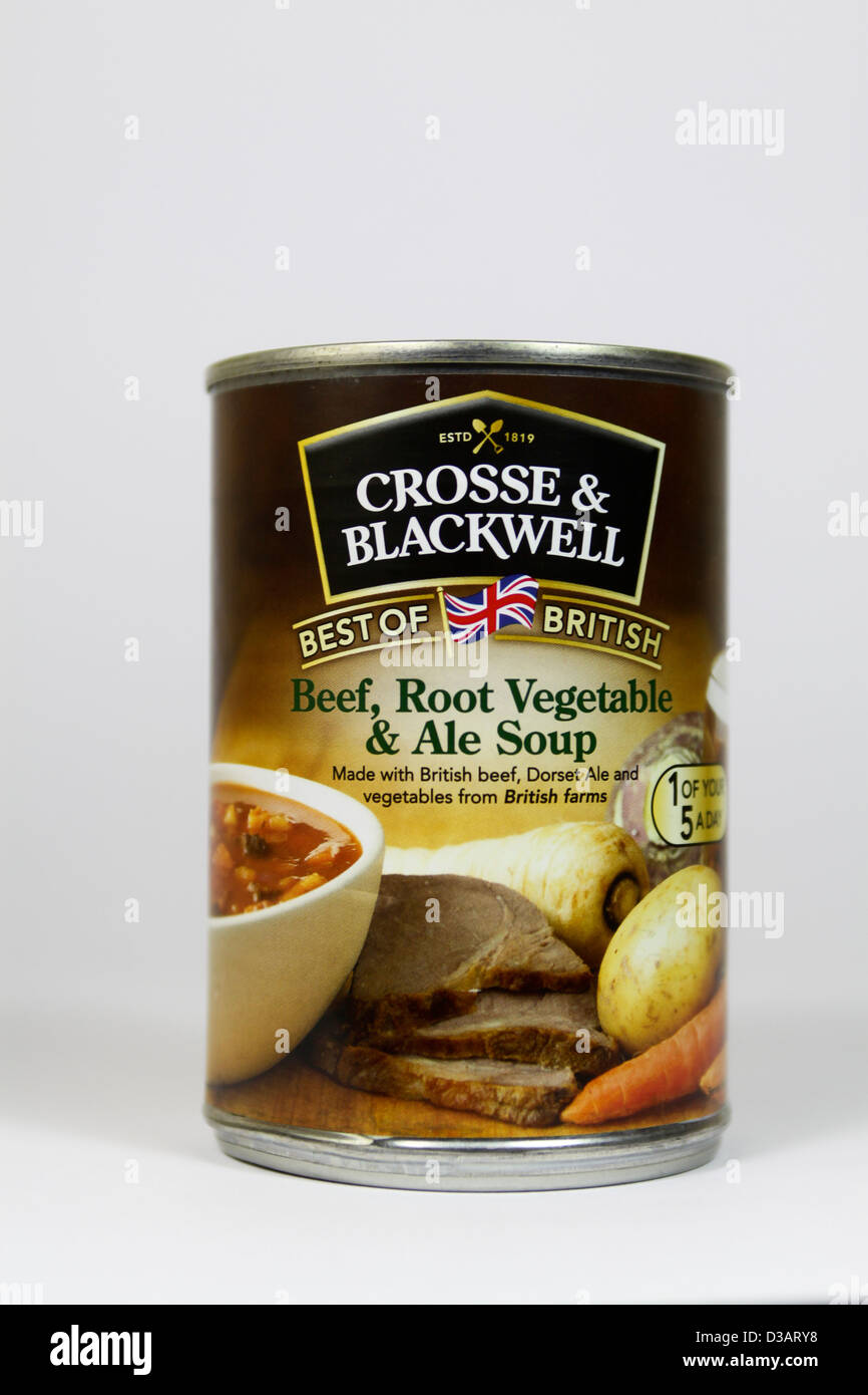 Crosse & Blackwell verzinnt Rindfleisch Wurzelgemüse und Ale-Suppe Stockfoto
