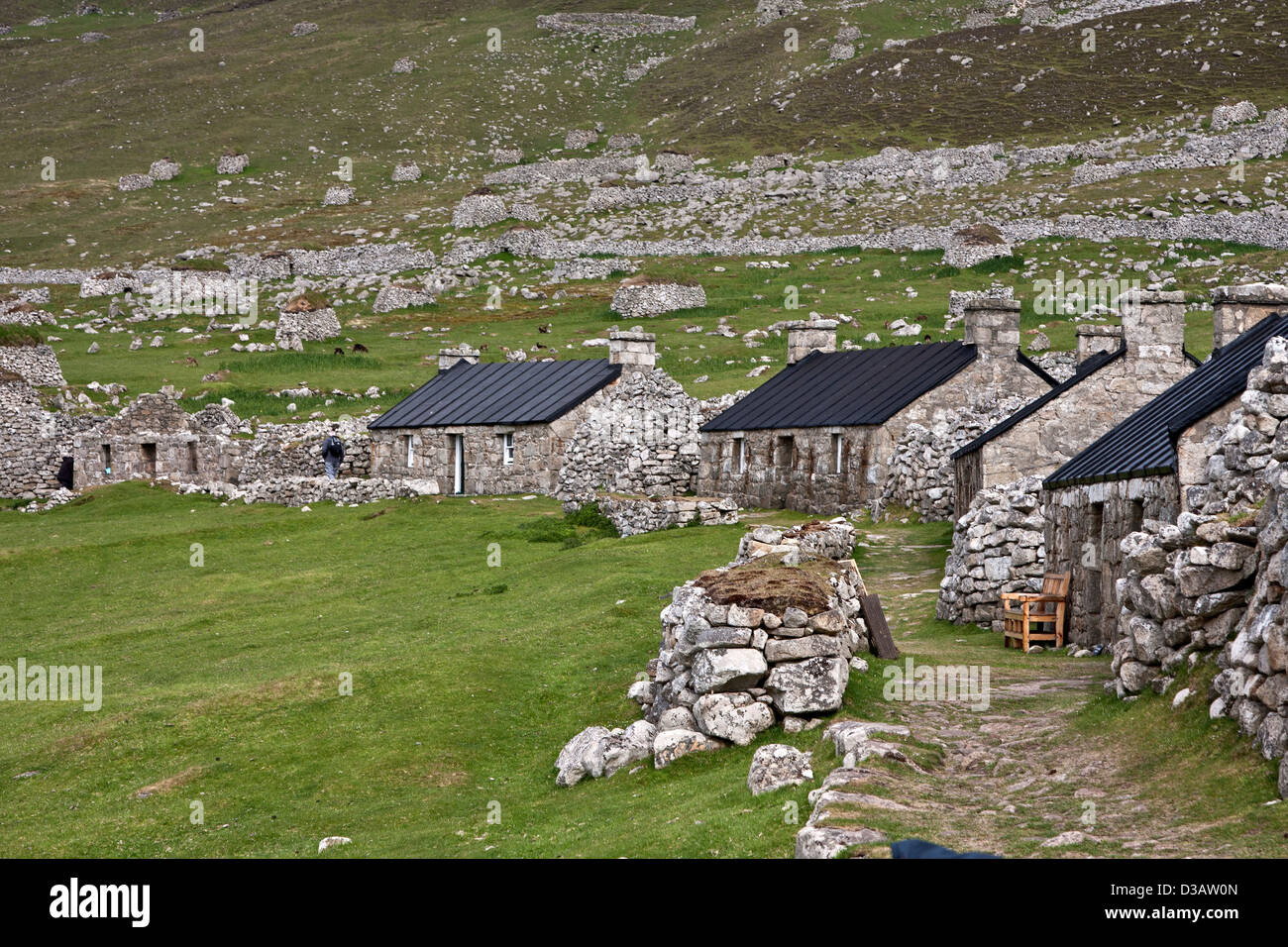 Die Dorfstraße des Dorfes auf der Insel Hirta, St Kilda Archipel, zeigt ruiniert und rekonstruierten Hütten Stockfoto