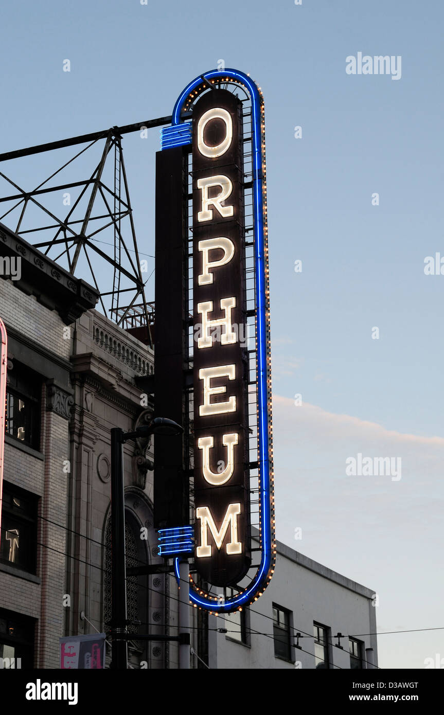 Das Orpheum Theater Marque Zeichen Sinfonieorchester Granville Street Vancouver British Columbia Kanada Stockfoto