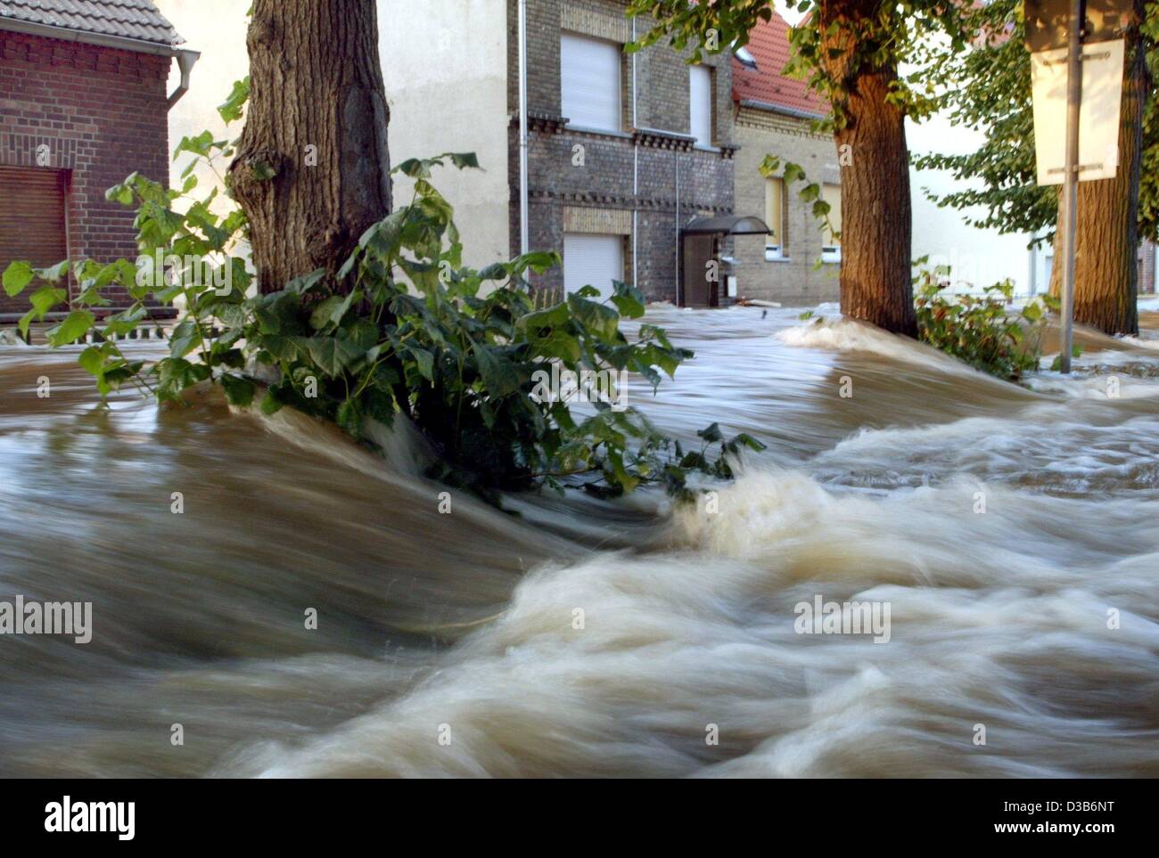 (Dpa) - das Wasser des Flusses Elbe weiterhin ein Viertel in Wittenberg, DDR, 18. August 2002 zu überfluten. Etwa 2.000 Einwohner waren evakuiert worden, bevor der Fluss über den Kamm des Deiches stieg und einen Damm aus Sandsäcken gemacht verletzt. Die Elbe noch weiter nordwärts, Überspannungsschutz verlassen eine tra Stockfoto