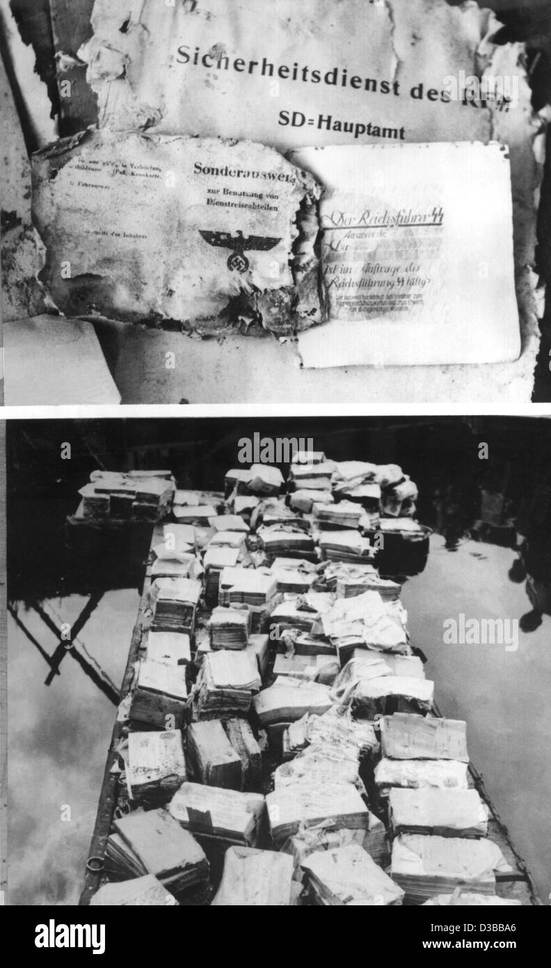 (Dpa-Dateien) - eine Combo zeigt spezielle Pässe des Dritten Reiches Staatssicherheit (Foto oben) und Kisten voller Falschgeld (siehe unten), wurden vom See Toplitzsee, den "Papierkorb" des Dritten Reiches, Österreich, 28. Juli 1959 gespeichert. Während des zweiten Weltkrieges wollten die Nazis die britischen e ruinieren Stockfoto