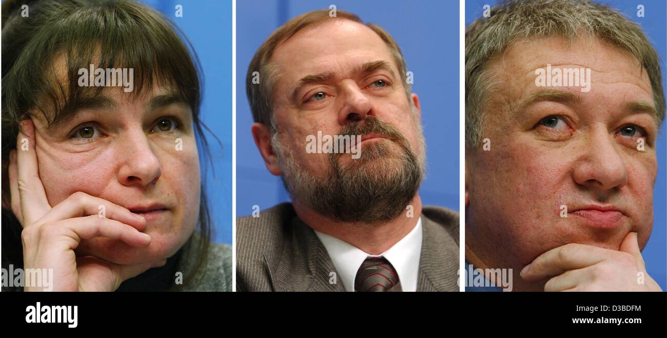 (Dpa) - zeigt eine Combo, Silke Tober (L), Klaus F. Zimmermann (C), der Präsident des Deutschen Instituts für Wirtschaftsforschung (DIW), und Gustav Horn (R), Leiter der Abteilung der Geschäftstätigkeit am DIW, alle abgebildeten während einer Pressekonferenz in Berlin, 7. Januar 2003. Das DIW (Deutsches Institut Stockfoto