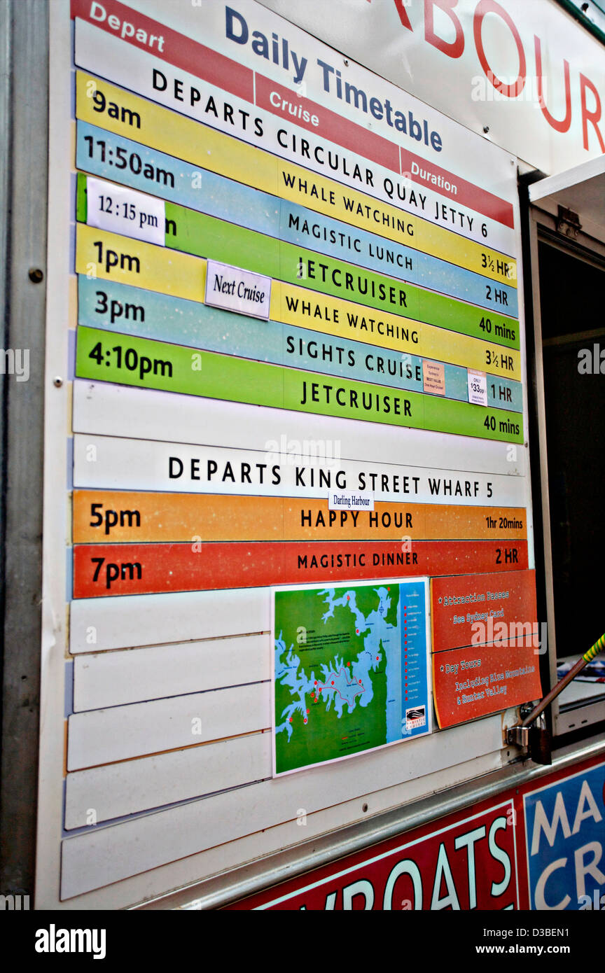 Täglichen Zeitplan der Abfahrten Touren vom Circular Quay, Sydney Australia Stockfoto