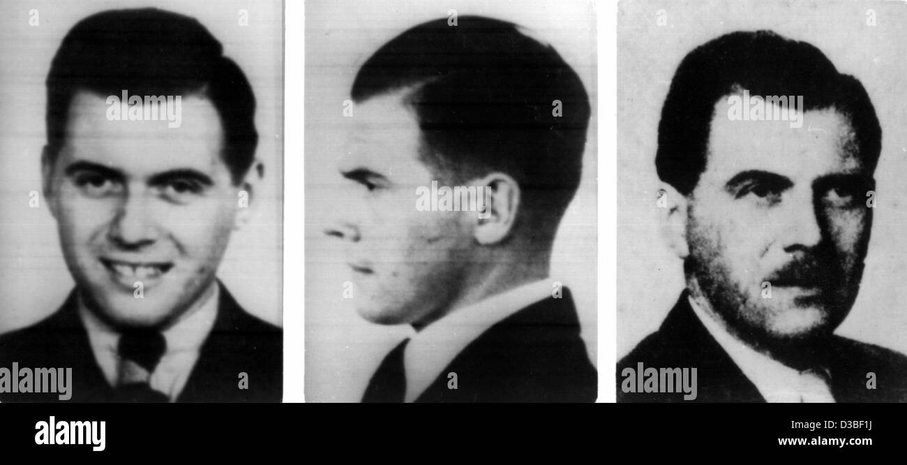 (Dpa-Dateien) - drei Kopfschüsse zeigen den gesuchten Häftling im KZ-Arzt Josef Mengele. Die Fotos auf der linken Seite und in der Mitte sind aus dem Jahr 1938, das Bild auf der rechten Seite aus dem Jahr 1956 stammt. Stockfoto