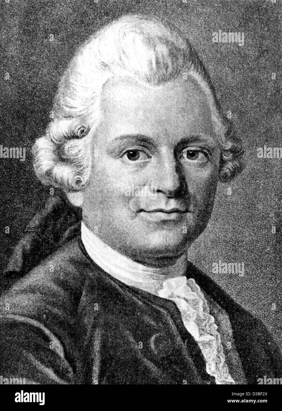 (Dpa-Dateien) - ein undatiertes Foto zeigt deutsche Dramatiker und Autor Gotthold Ephraim Lessing auf einem zeitgenössischen Gemälde. Er wurde am 22. Januar 1729 in Kamenz, Deutschland, geboren und starb am 15. Februar 1781 in Braunschweig. Er wurde weltweit bekannt mit seinem arbeitet "Minna von Barnhelm", "Nathan der Weise" Stockfoto