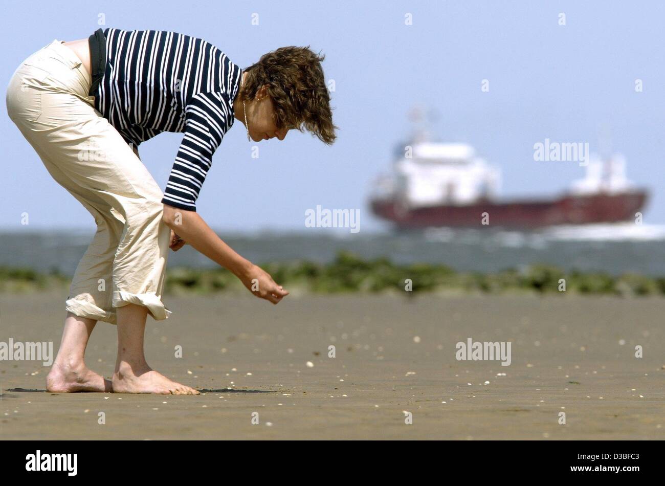 (Dpa) - eine Frau sucht Muscheln am Strand, während eine Frachtschiff in der Ferne in Richtung Fluss Elber in der Nähe von Cuxhaven, Deutschland, 19. Juni 2003 vergeht. Stockfoto