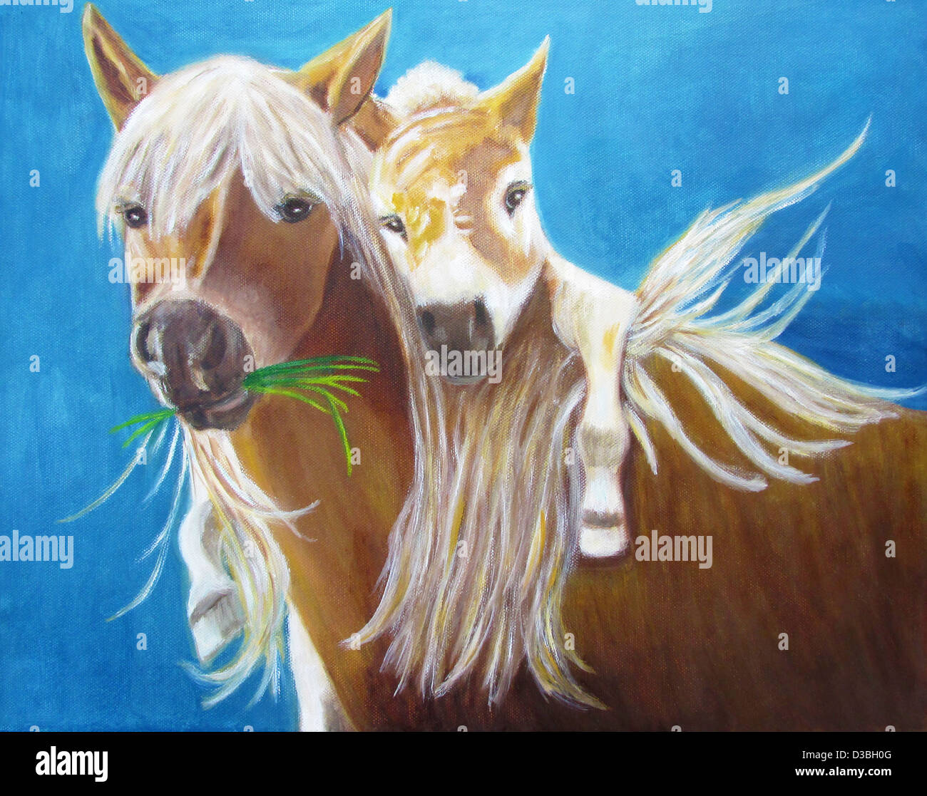 ein Öl-Gemälde von der Künstlerin Gloria Gill mit ein Pferd und ein Pony an den Schultern mit einem blauen Hintergrund Stockfoto
