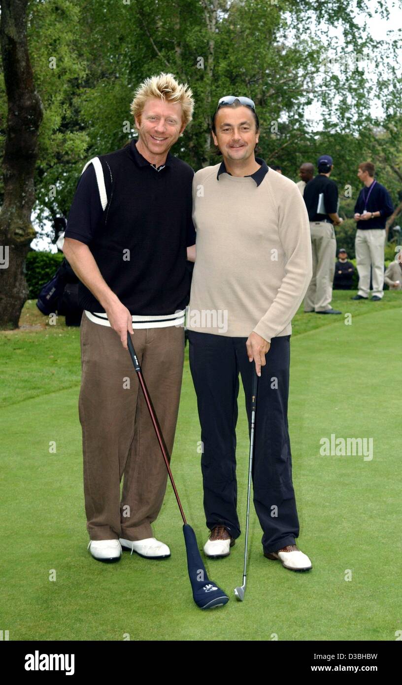 (Dpa) - der ehemalige Tennis-champs Boris Becker von Deutschland (L) und Henry Leconte Frankreichs nehmen Teil in einem Golfturnier in Monte Carlo, Monaco, 19. Mai 2003. Das Turnier ist Teil der "Laureus World Sports Award", die am 20. Mai 2003 zum vierten Mal präsentiert werden und für die Becker ist, eine Stockfoto