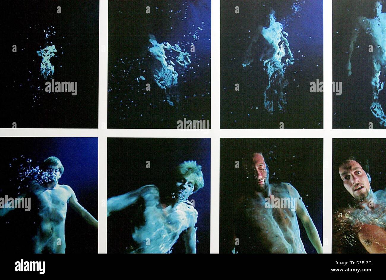 (Dpa) - mehrere Standbilder aus einem Kurzfilm des Künstlers Bill Viola genommen gelten bei der Gasometer in Oberhausen, Deutschland, 23. Mai 2003. Die ehemaligen Gasometer mit seinen 110 m hohen Innenräumen dient als Veranstaltungsort die Videoinstallation auf fünf riesigen Bildschirmen zeigen. Stockfoto