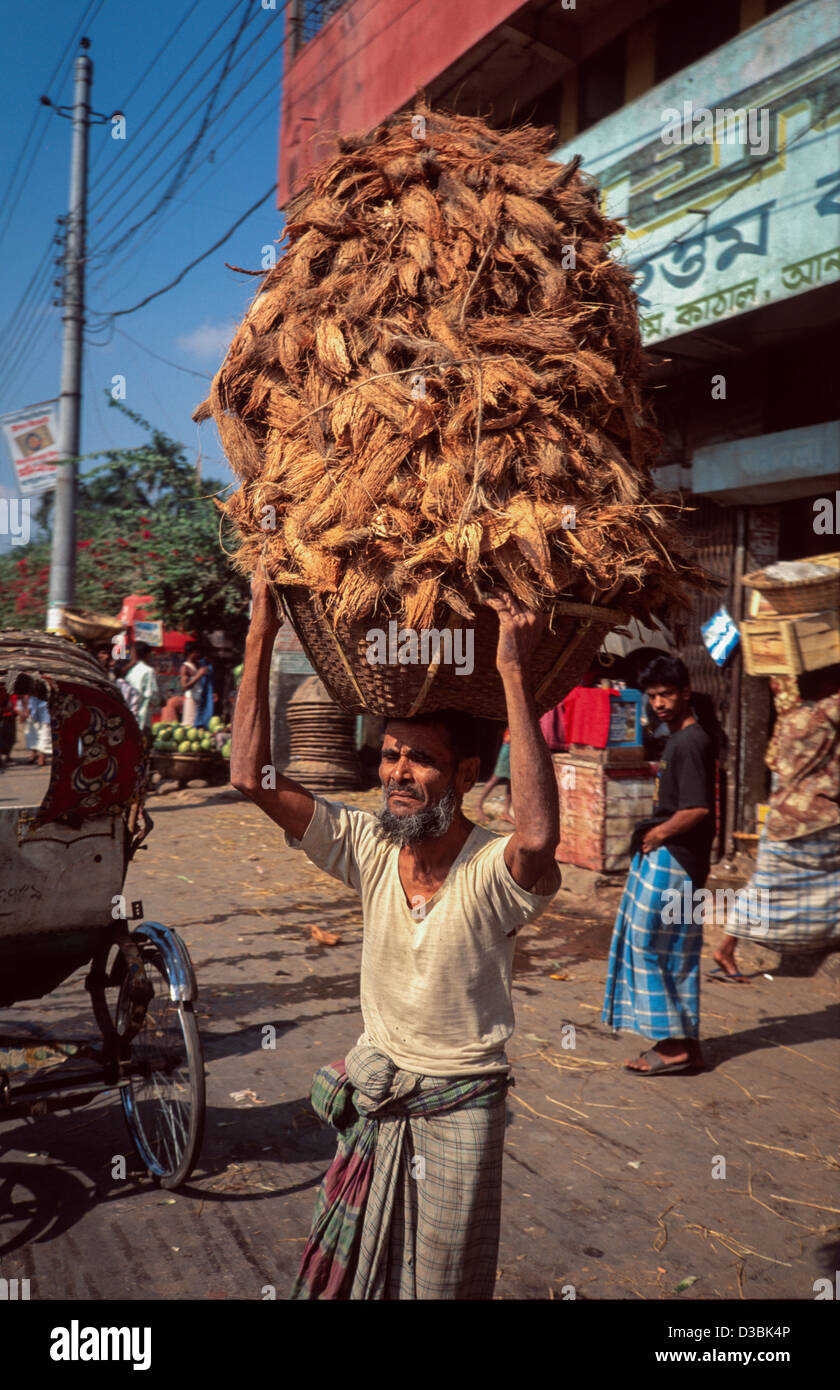 Porter mit Kokos, Hülsen Kokosnuss. Alten Dhaka, Bangladesch Stockfoto