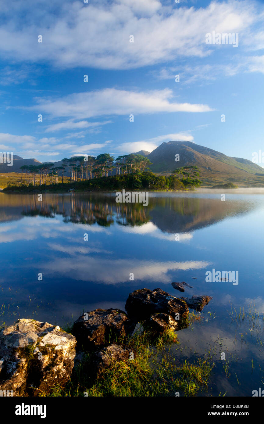 Morgen Reflexion der Twelve Bens in Derryclare Lough, Connemara, County Galway, Irland. Stockfoto