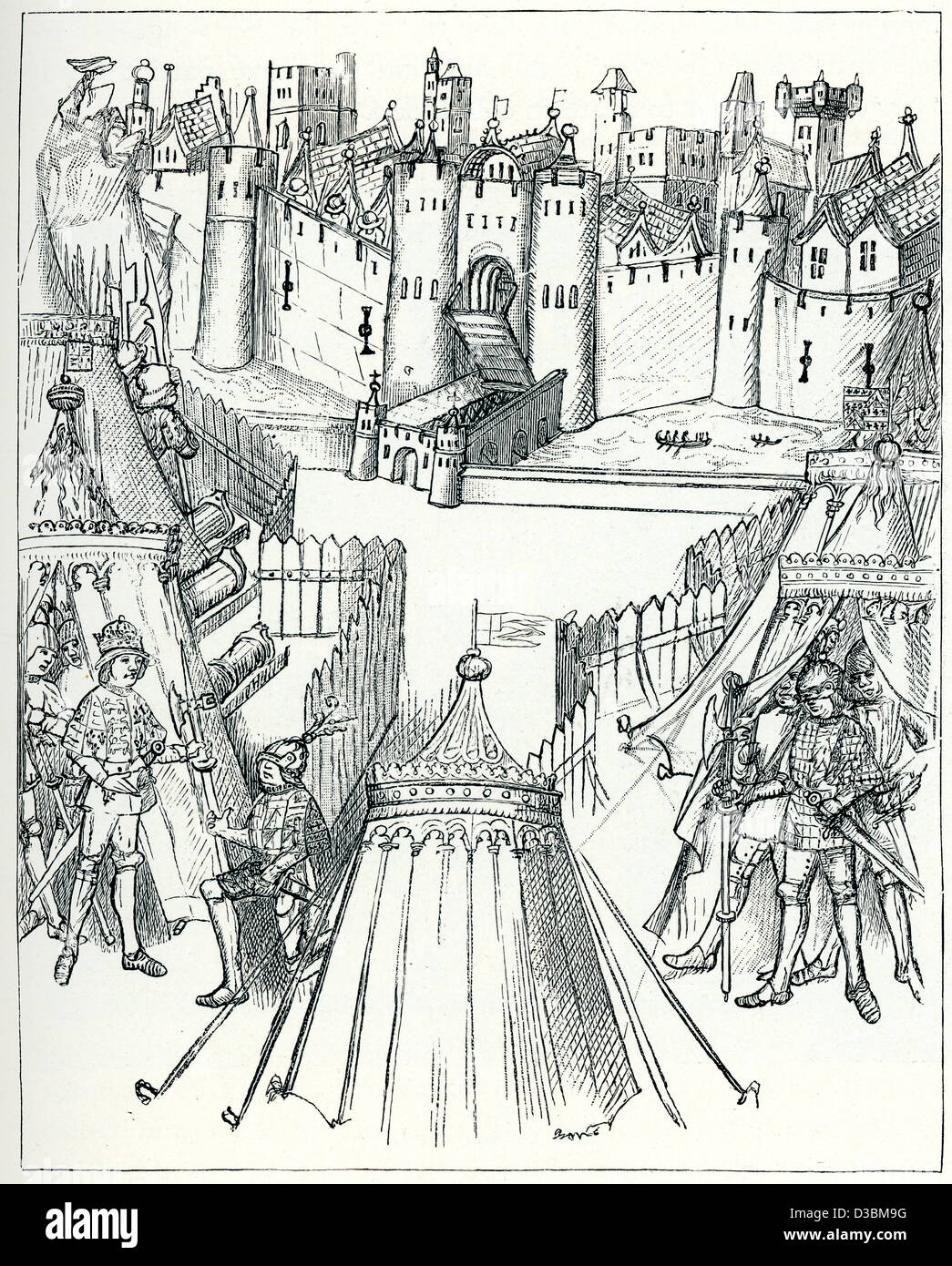 Jahrgang Gravur aus ein 15. Jahrhundert Original der Belagerung von Rouen in1418 während des Hundertjährigen Krieges. Stockfoto