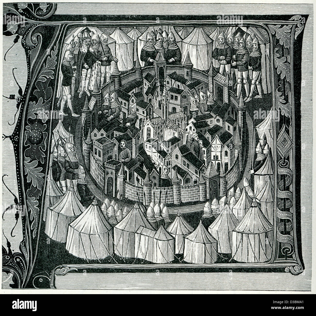 Vintage Gravur aus aus ein 15. Jahrhundert Original einer mittelalterlichen Stadt unter Belagerung Stockfoto
