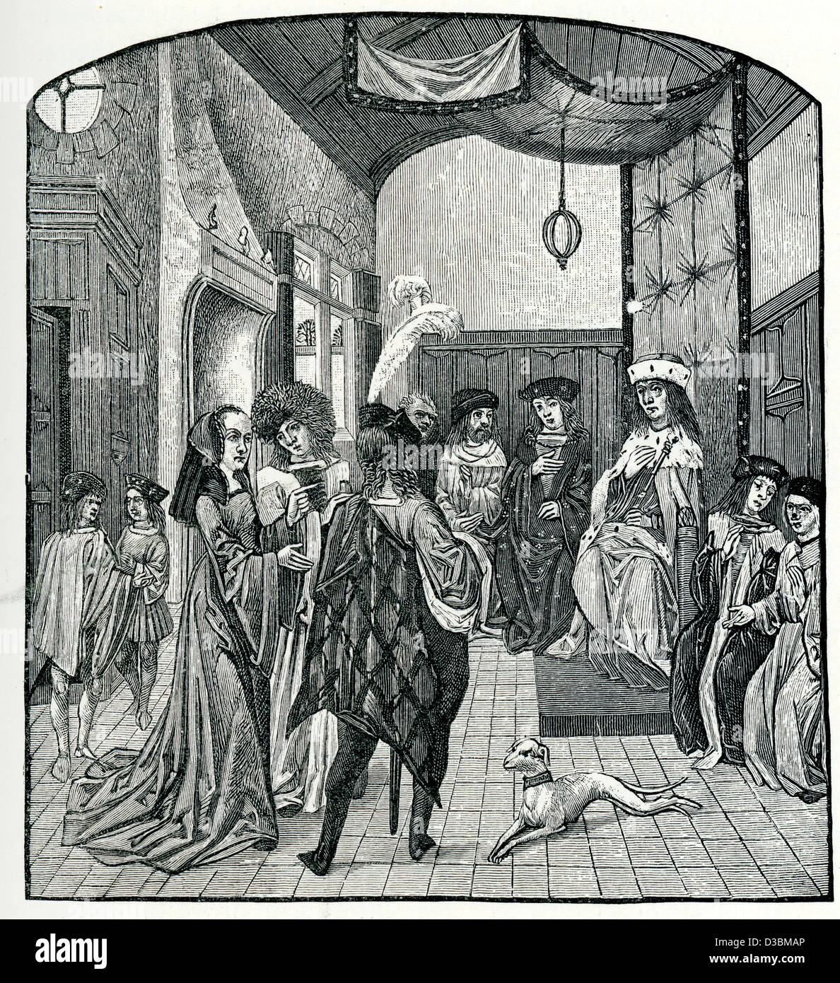 Vintage Gravur aus ein 15. Jahrhundert Original von Jeanne d ' Arc vor dem Dauphin in Chinon Stockfoto